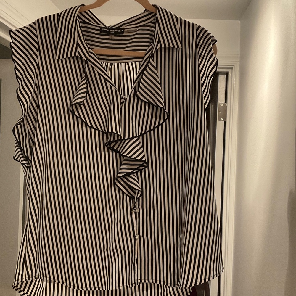 Karl Lagerfeld Black and White Striped Ruffle Blouse